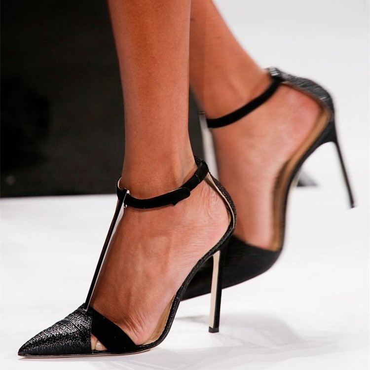 Black Pointy Toe T Strap Heels Stilettos Pumps Sexy High Heel Shoes|FSJshoes