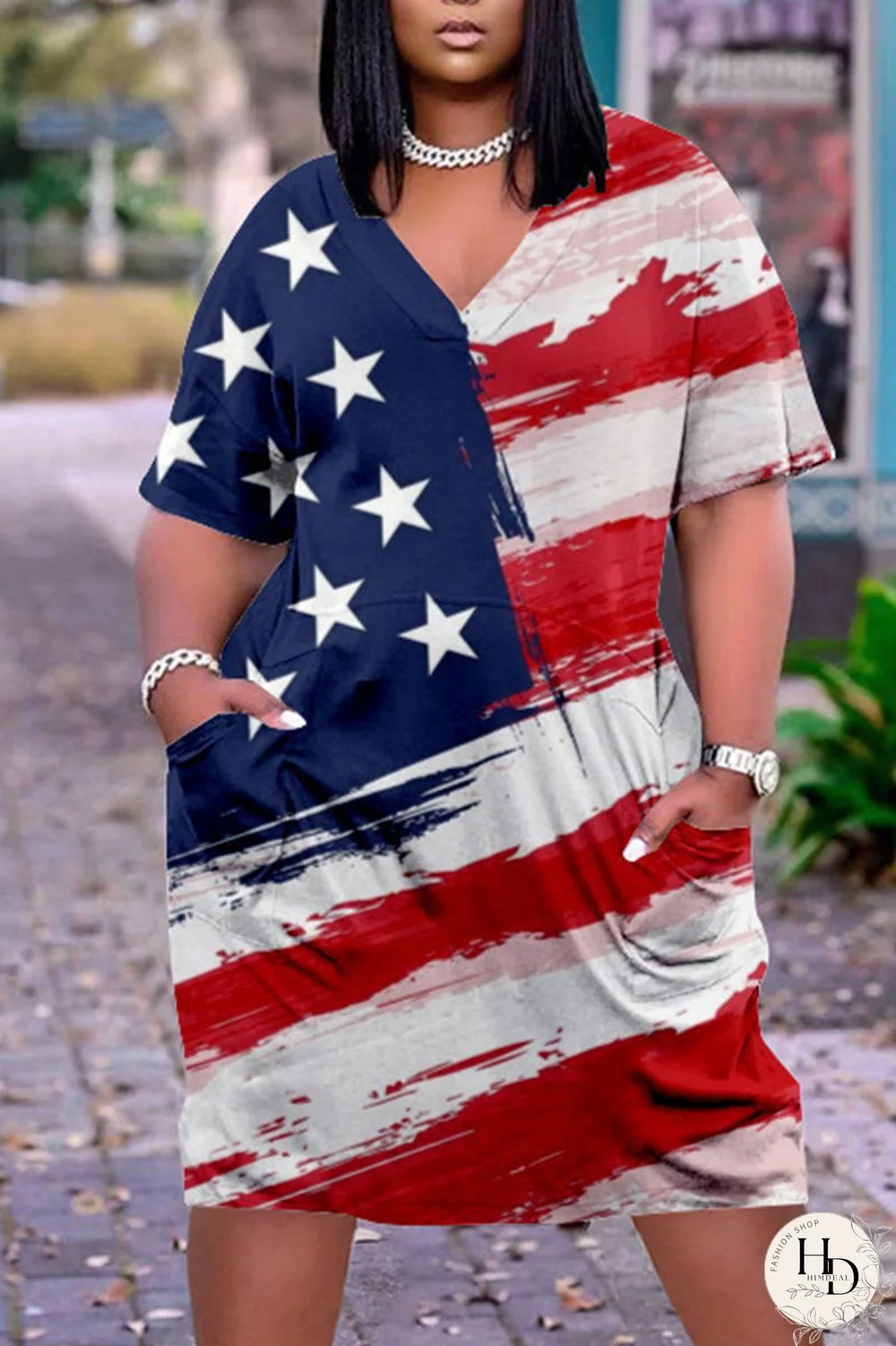 White Blue Red Casual Print Patchwork V Neck Dresses