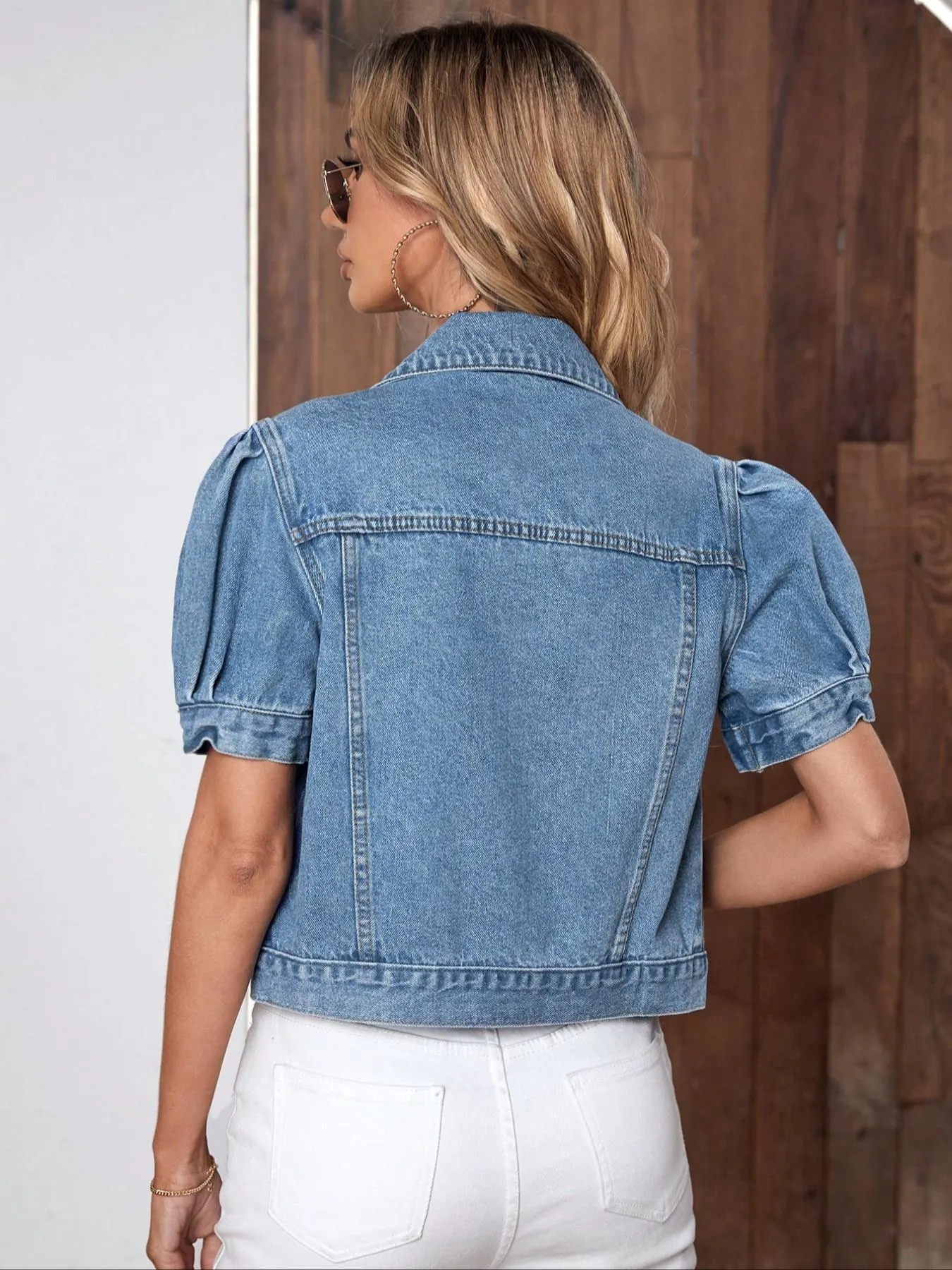 Women's Vintage Bubble Sleeve Light Wash Denim Jacket, Summer Thin High Waist Crop Top, Casual Fashionable Short Jean Coat for Women Women's Vintage Bubble Sleeve Light Wash Denim Jacket, Summer Thin High Waist Crop Top, Casual Fashionable Short Jean Coat for Women