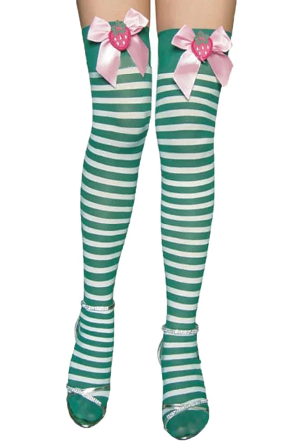 Green Cute Womens Bow Stripe Stockings Christmas Accessory-elleschic