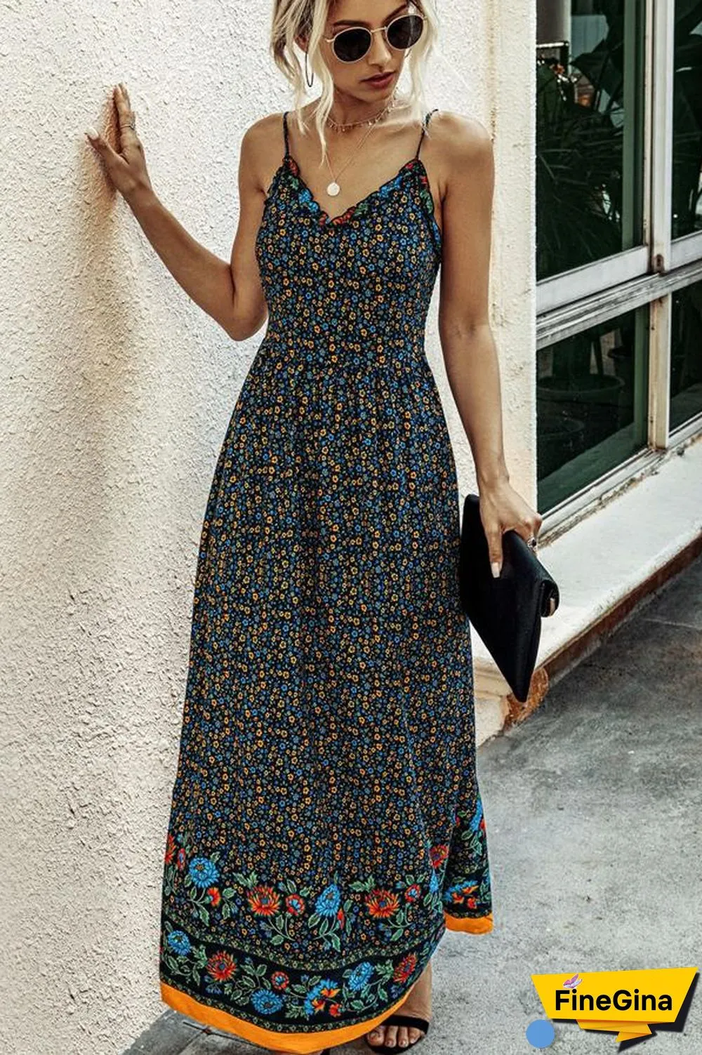 Fashion V Neck Print  Backless Maxi Dress