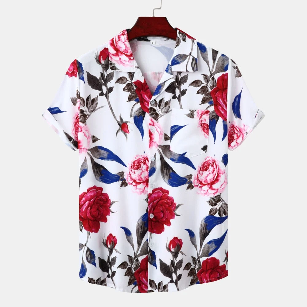 Inongge Rose Printed Ice Silk Cuban Collar Shirt Men Summer Short Sleeve Casual Beach Shirts Fashion Harajuku Hawaiian Guayabera Shirt