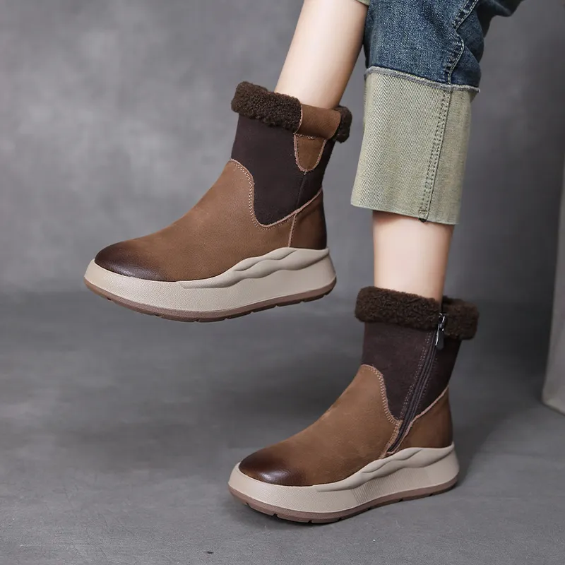 Yyvonne Velvet Snow Boots Winter Thick Cotton Boots Girl Retro Color Layer Kraft High Help Short Boots Plus Cotton