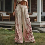 Retro Bohemian Style Pink Rose Gradient Art Casual Cotton And Linen Pants - Image 2