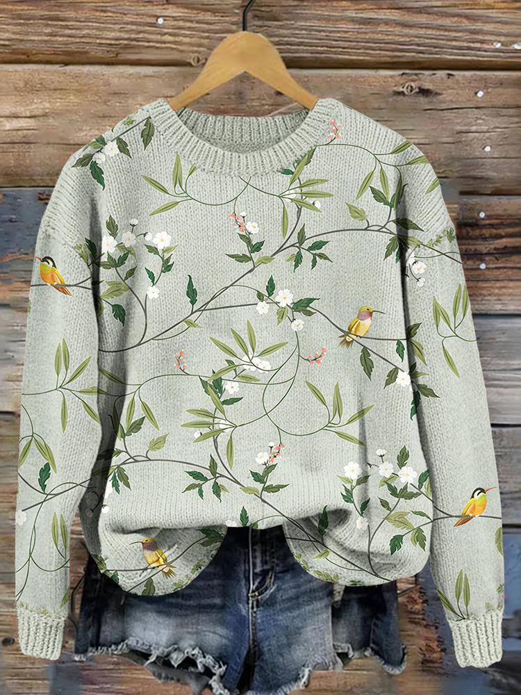Elegant Birds And Flowers Art Cozy Knit Sweater wearshes