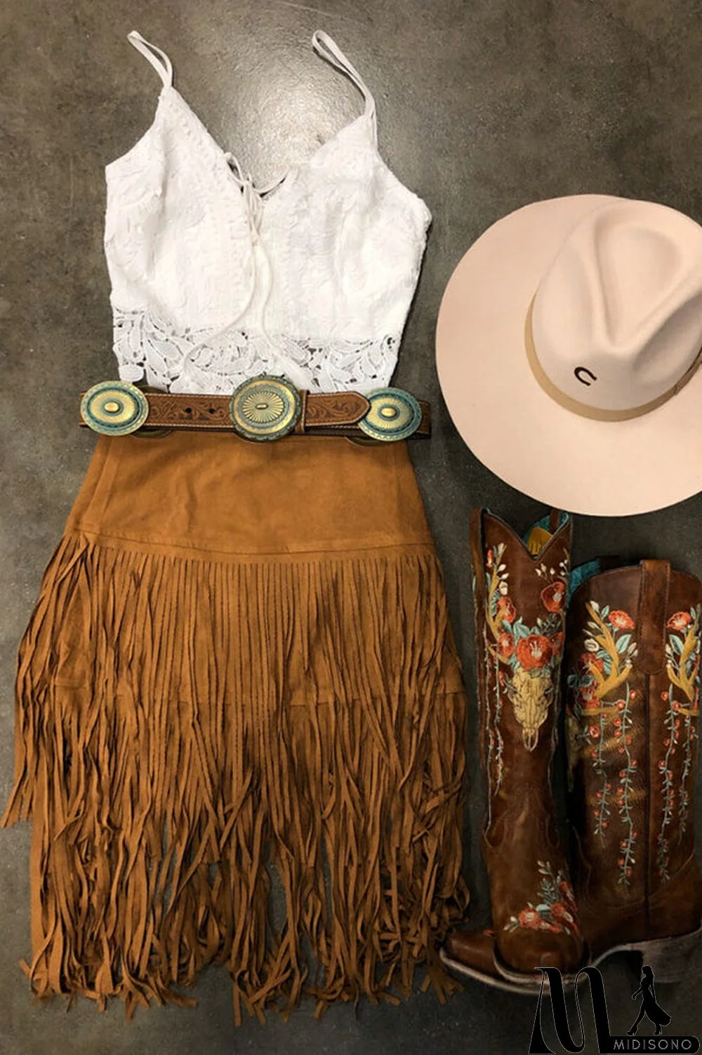 MidiSono - Solid Color Tassel Design Khaki Skirt