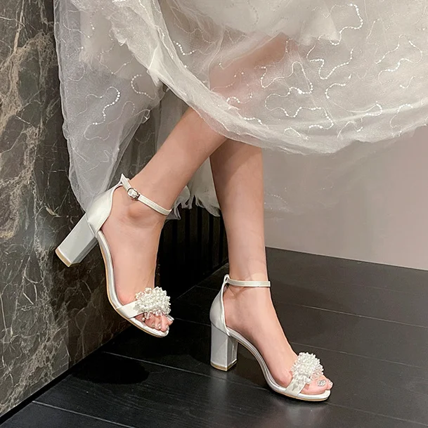 Pearl Embellished Block Heel Open Toe Wedding Shoes  Stunahome.com