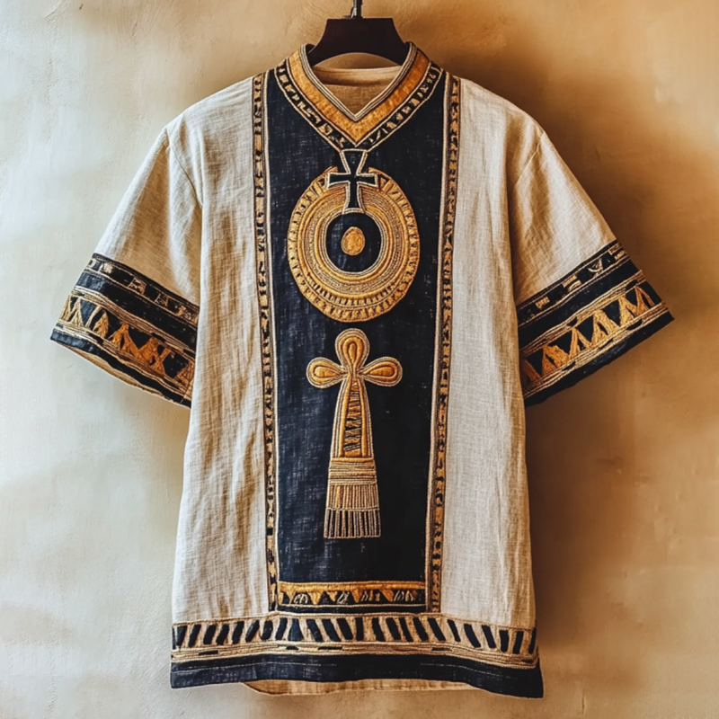 Vintage Egyptian Tribal Embroidered Contrast Linen Shirt