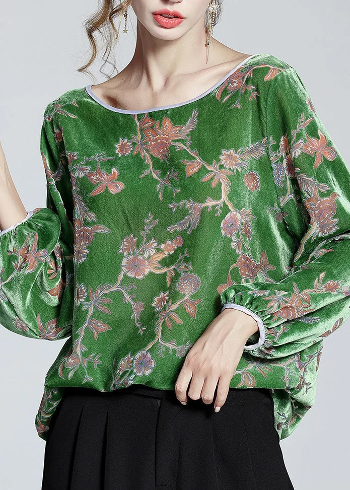 Fashion Green O-Neck Print Velour Top Spring