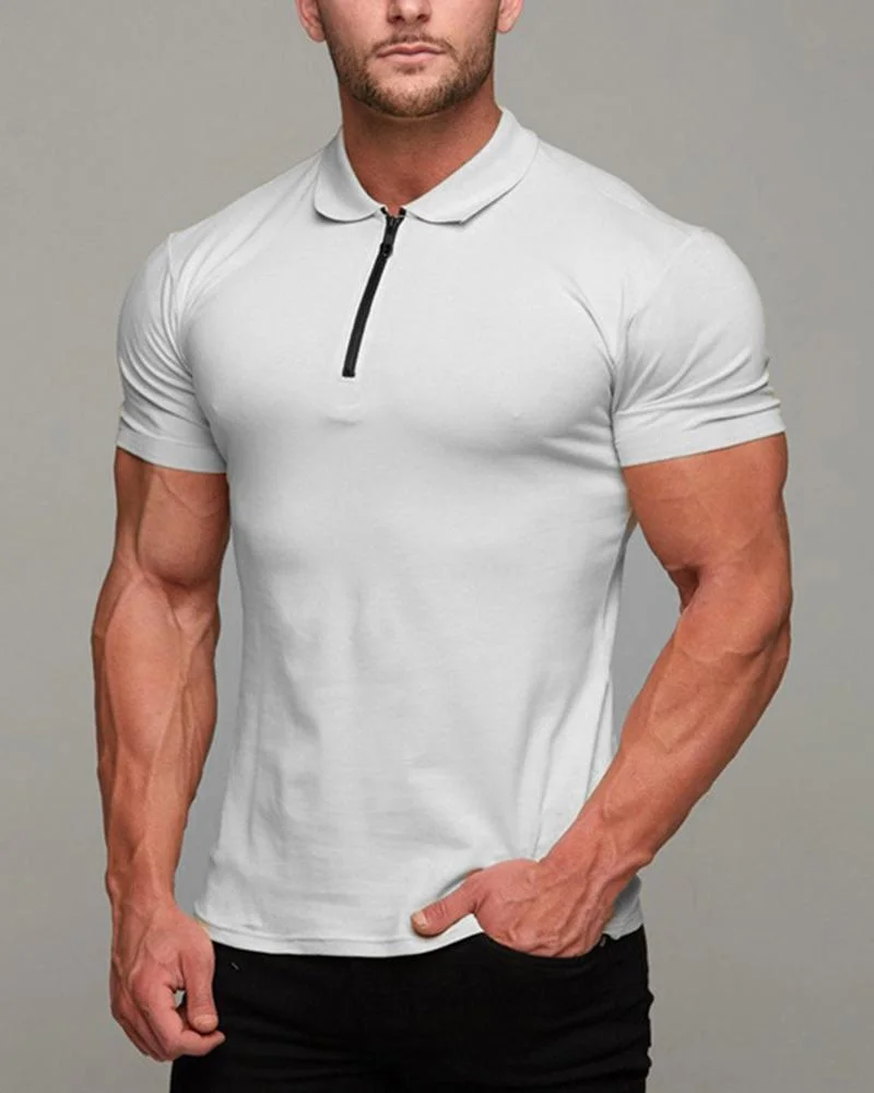 Slim Casual Solid Color Short Zipper Polo Shirt