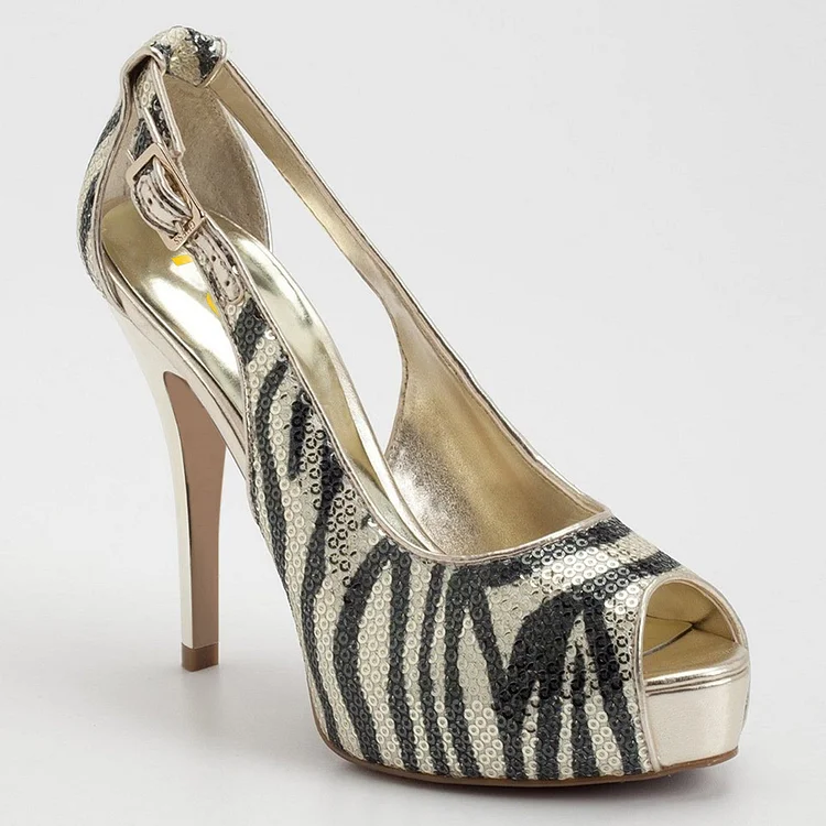 Champagne Zebra Print Sequined Peep Toe Heels Cut out Platform Pumps |FSJ Shoes