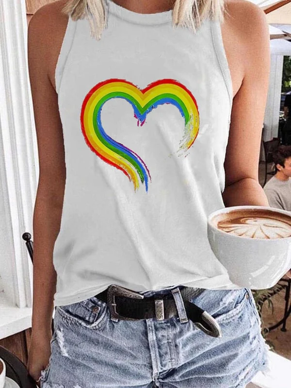 Rainbow Heart Print Casual Tank Top