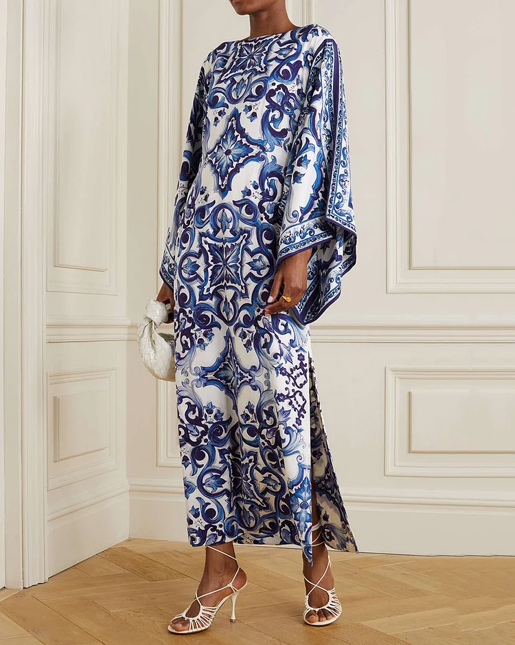 Elegant floral-print silk kaftan