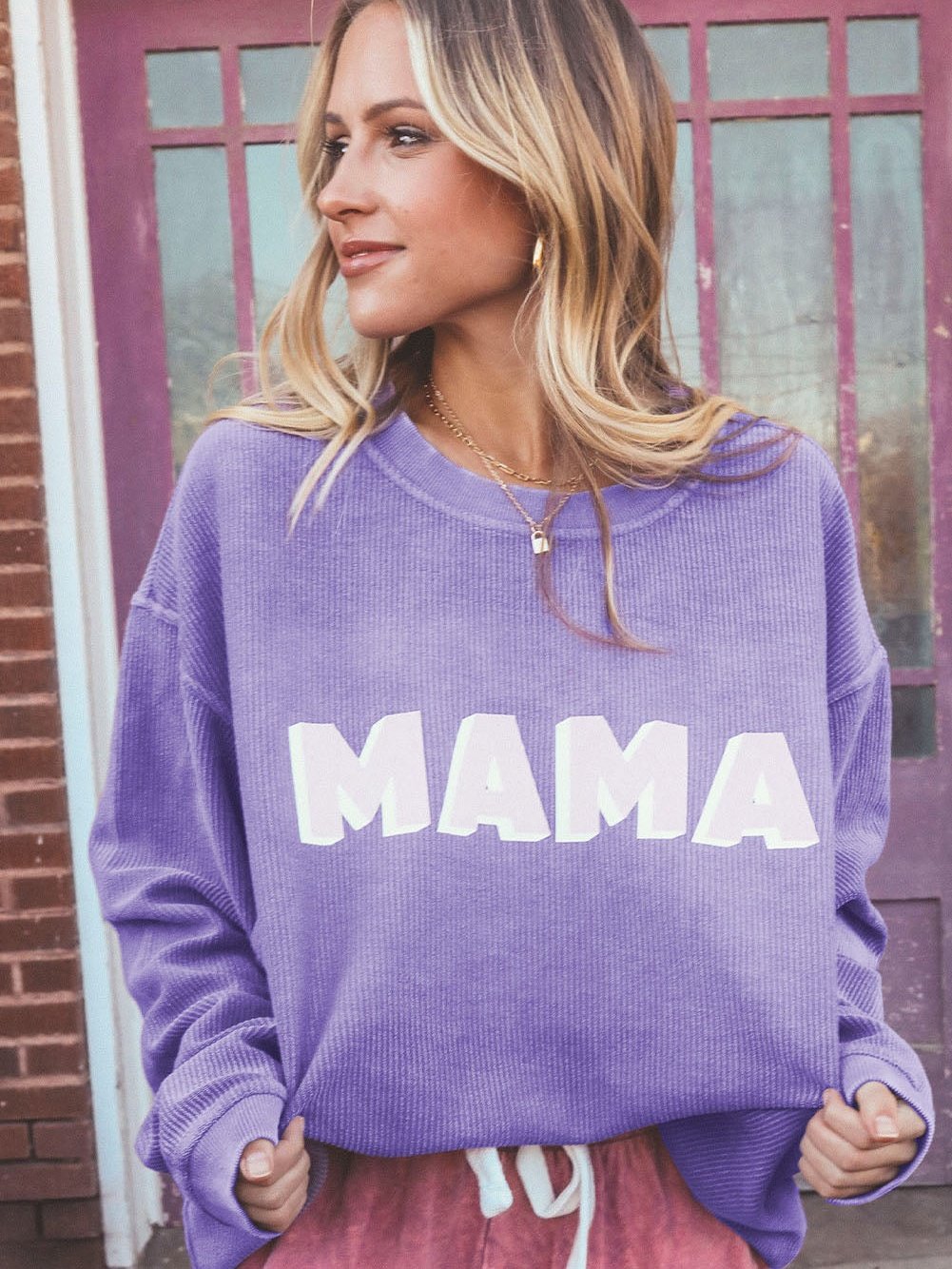 Violet MAMA Ribbed Round Neck Pullover Sweater