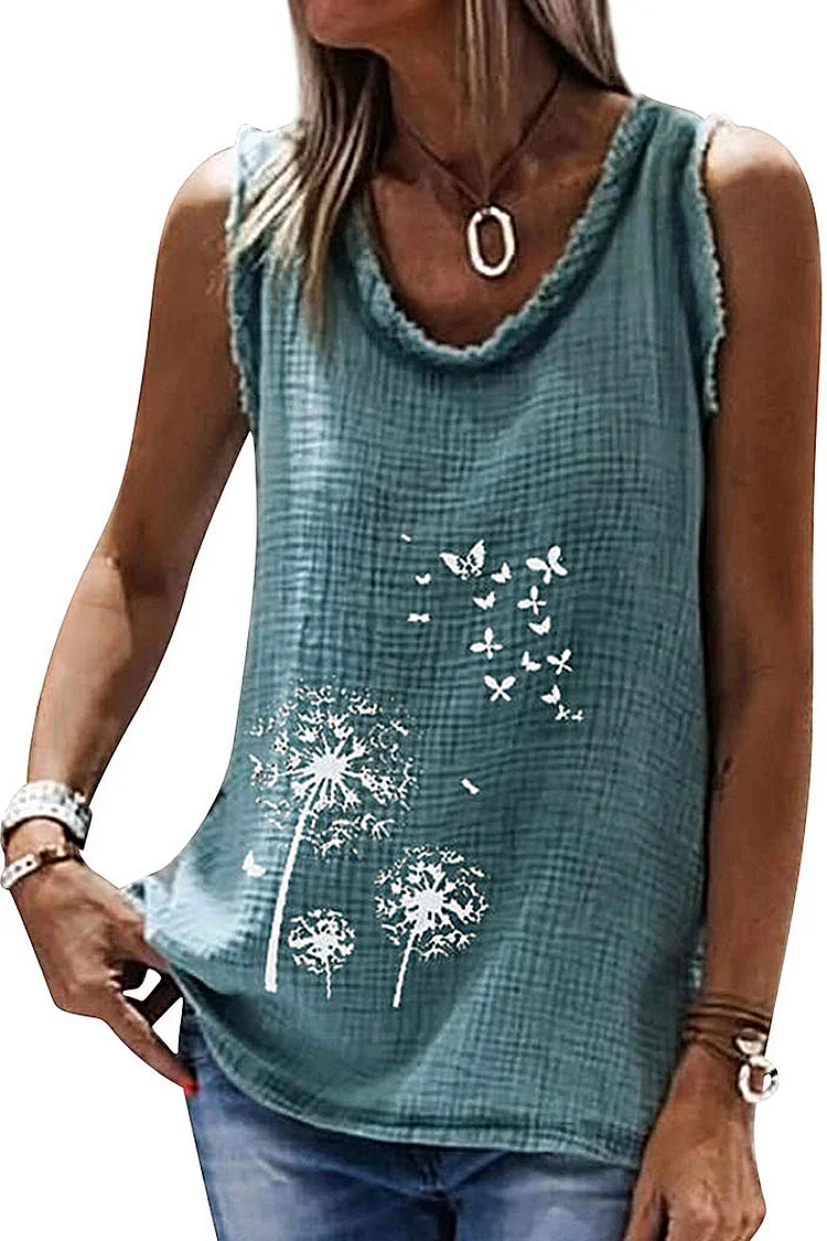 Flycurvy Plus Size Casual Blue Linen Floral Print Tank Top  Flycurvy [product_label]