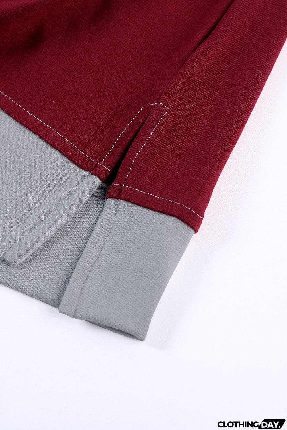 Women's Casual Wine Red Colorblock T-shirt with Slits