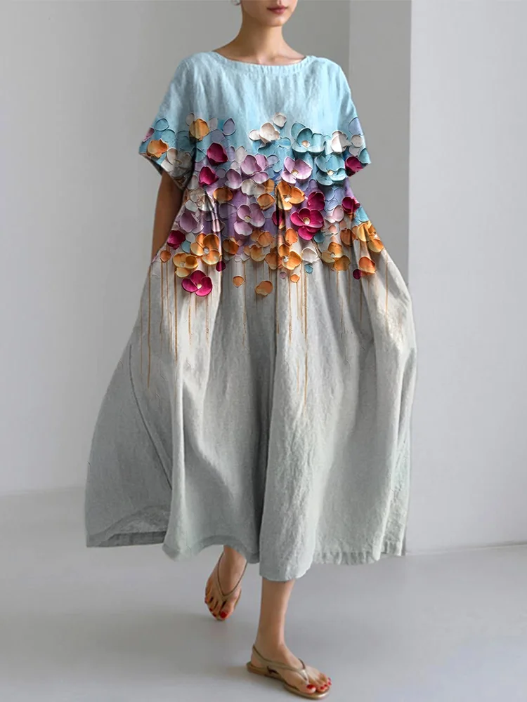 Flower Oil Painting Art Print Casual Cozy Linen Dress