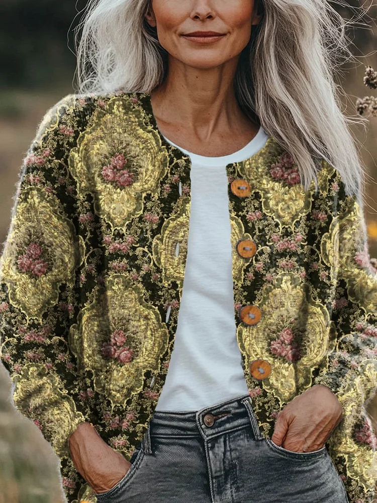 Women's Vintage Lovely Floral Art Print Buttoned Cardigan Sweater