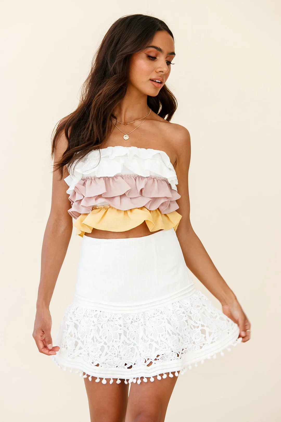 Adrielle Lace Detail Fluted Hem Mini Skirt White