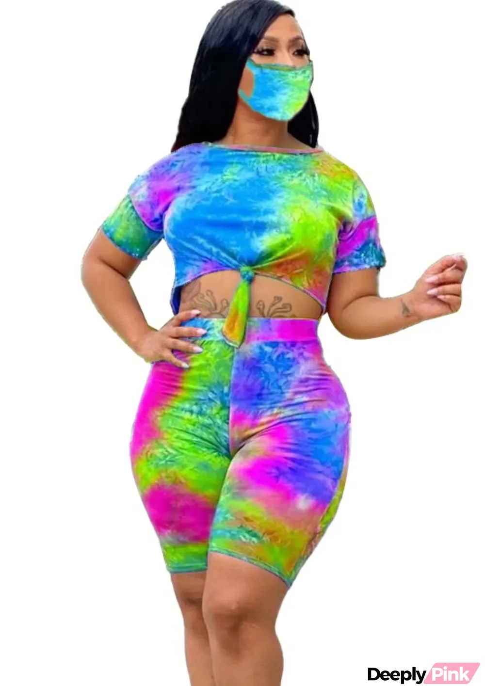 Sexy Tie Dye Two Piece Shorts Set with Face Cover