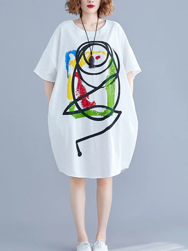 Artistic Retro Graffiti Cartoon Printed Short Sleeve Mini Dress