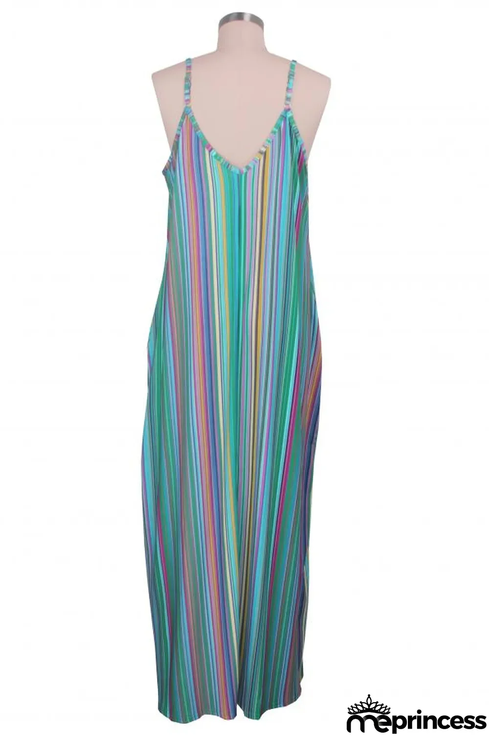 Green Polyester Sexy Fashion Tank Sleeveless Slip A-Line Floor-Length Print asymmetrical Striped Patchwork