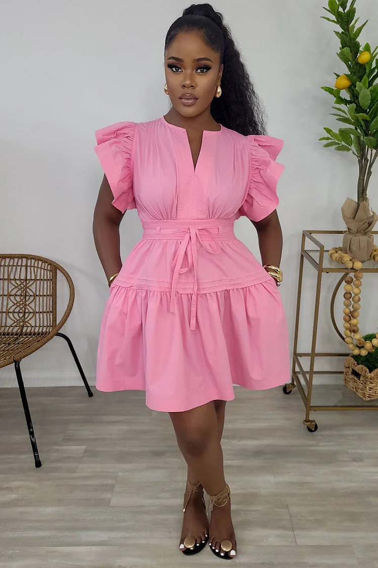 Ruffle Sleeveless Notched Neck Quilted A-Line Mini Dresses-Pink [Pre Order]