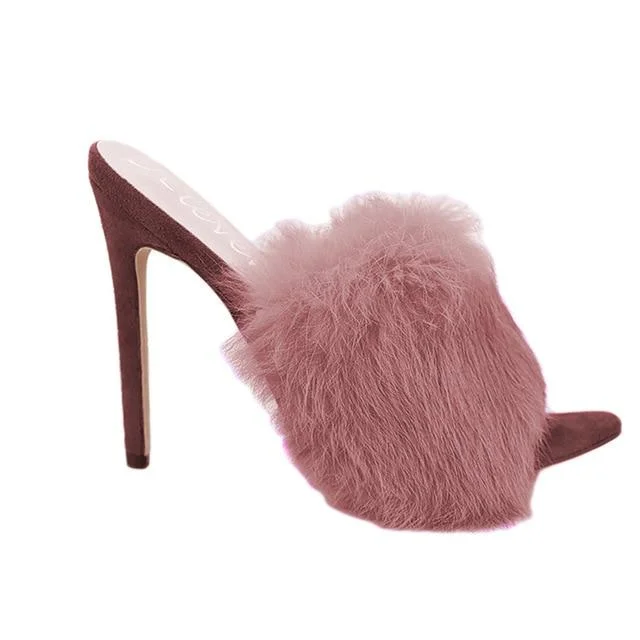 Candy Color Luxury Rabbit Fur High Heel Sandals Slippers Large Size Sandal Shoes