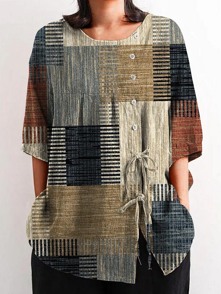 Women's Round Neck Vintage Color Block Patchwork Pattern Casual Cotton Linen Shirt