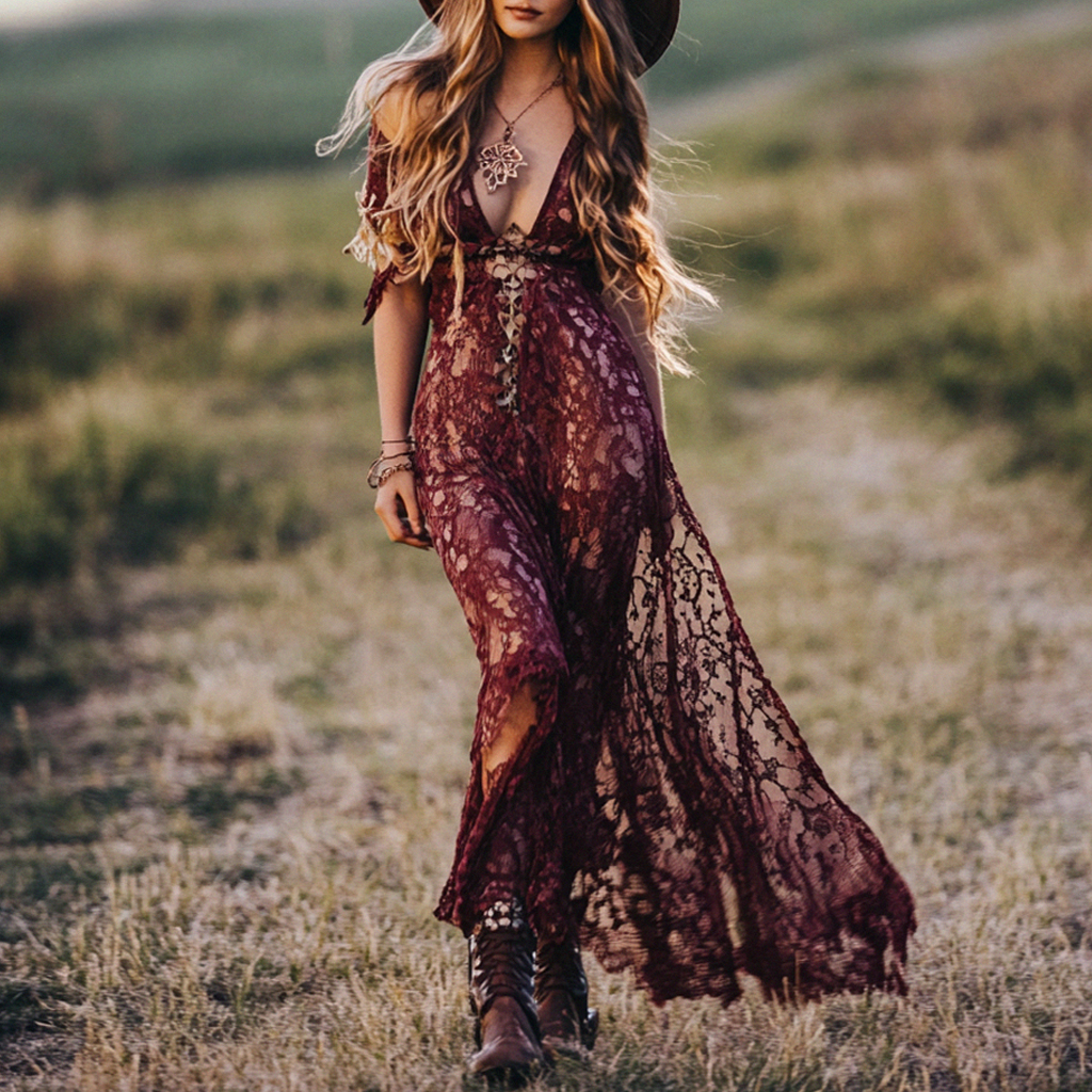 Western Retro Bohemian Music Festival Burgundy Lace Maxi Dress