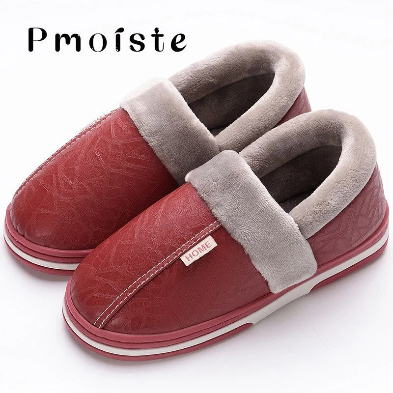 Large Size 43-50 Woman's Winter Slippers Casual Shallow Slip On Cozy Flat Slippers Woman PVC PU Leather Ladies Slippers