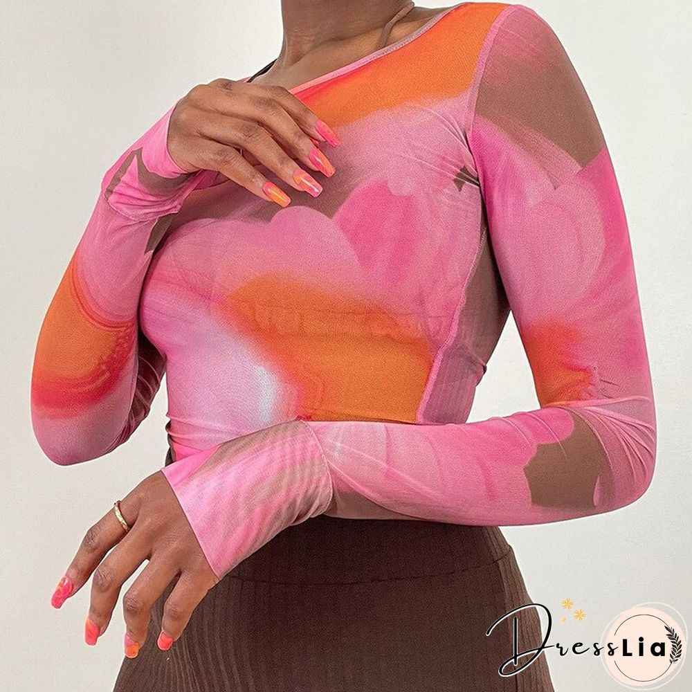 Autumn Print Mesh Top O Neck Long Sleeve Basic T Shirt Harajuku Vintage Retro Punk Style Clothes Aesthetic Streetwear Y2K