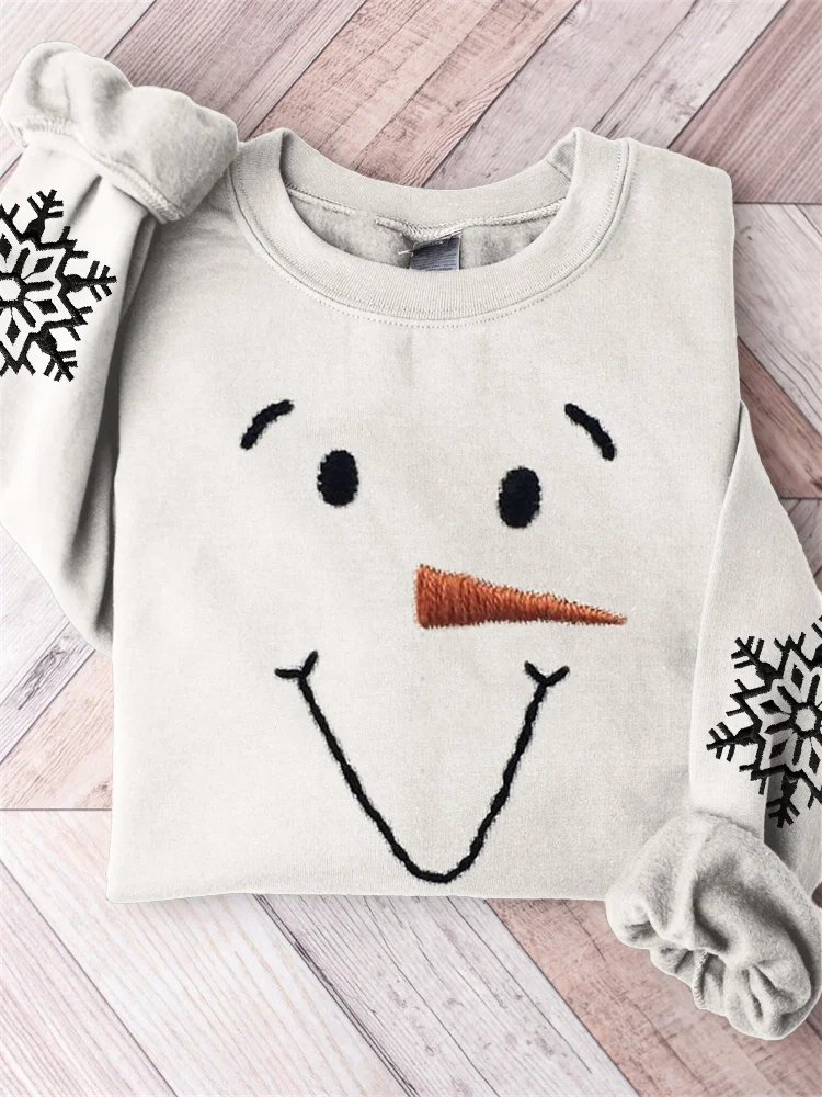 Comstylish Lovely Snowman Face & Snowflakes Embroidery Sweatshirt