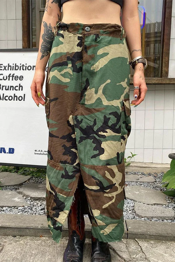 Camouflage Hippy Multi Pocket High Split Skirt