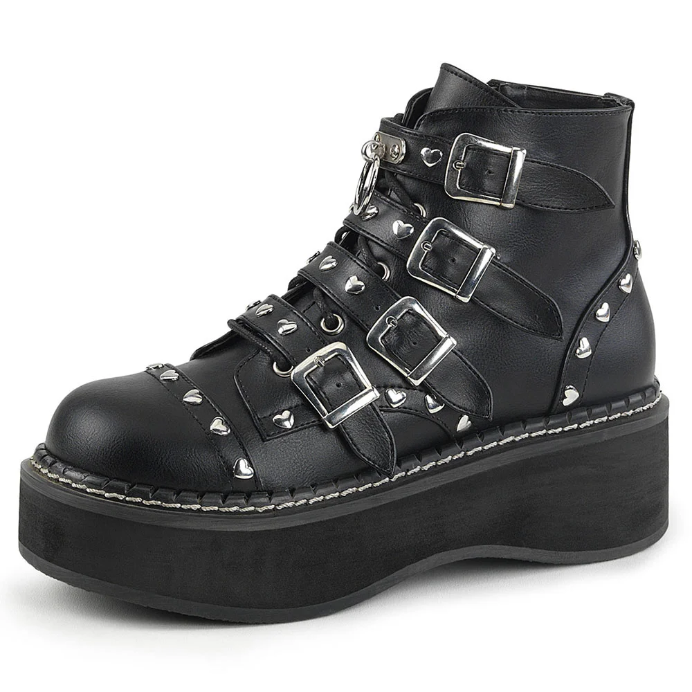 Black Vegan Leather Buckled Strappy Platform Heart Studded Boots      Nicepairs