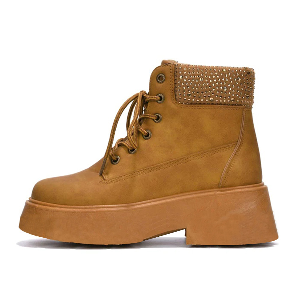 Women's Tan Round Toe Lace Up Chunky Boots with Rhinestone Nicepairs
