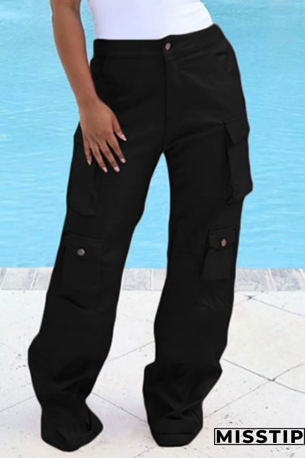 Black Casual Solid Patchwork Regular High Waist Conventional Solid Color Trousers