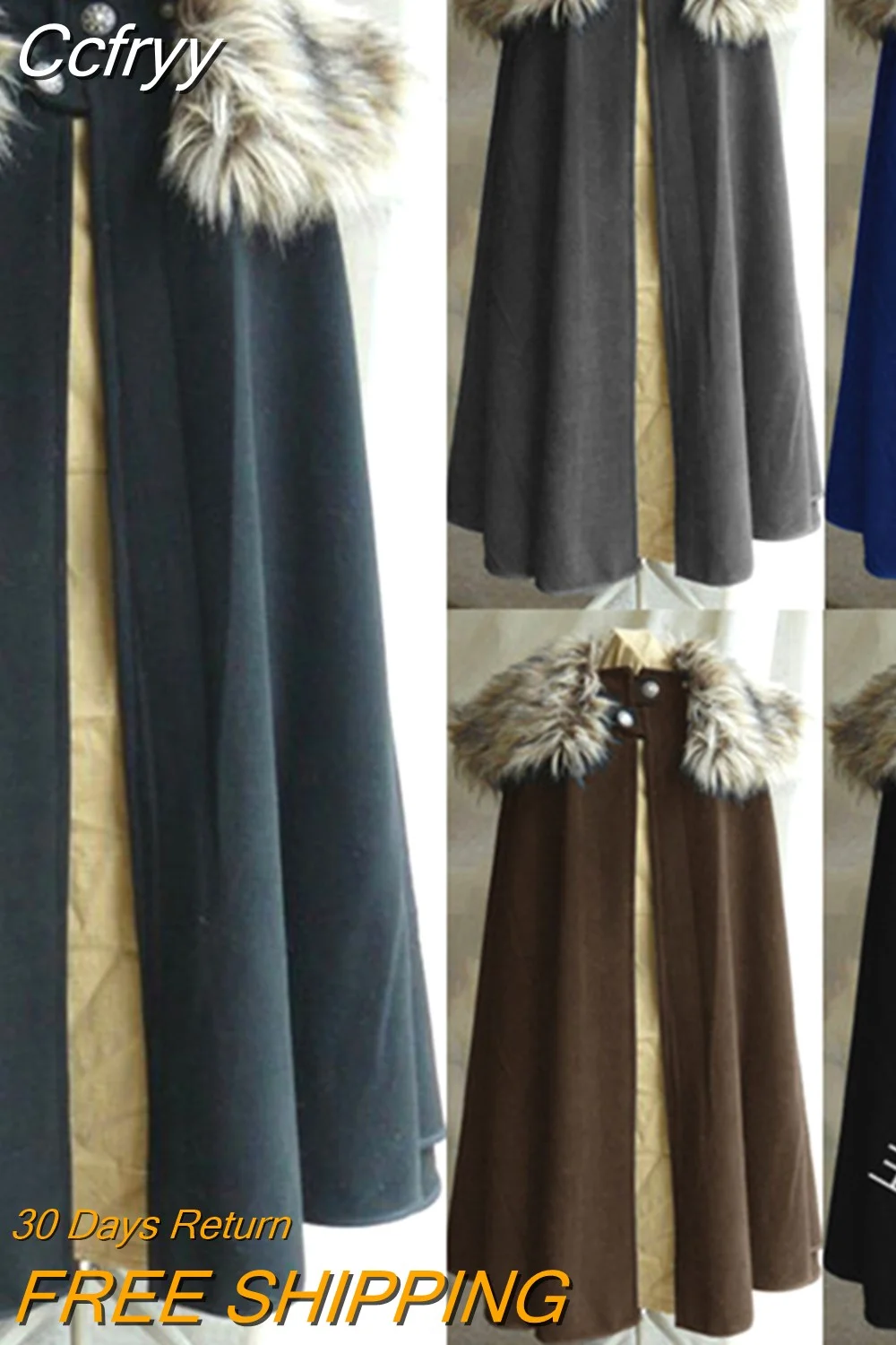 Huibahe Men's Medieval Costume Cloak Autumn Winter Thick Warm Solid Fur Collar Cape Coat Loose Gothic Women Vintage Woolen Ladies Coats