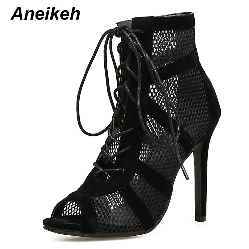 Aneikeh 2021 Fashion Basic Sandals Boots Women High Heels Pumps Sexy Hollow Out Mesh Lace-Up Cross-tied Boots Party Shoes Party