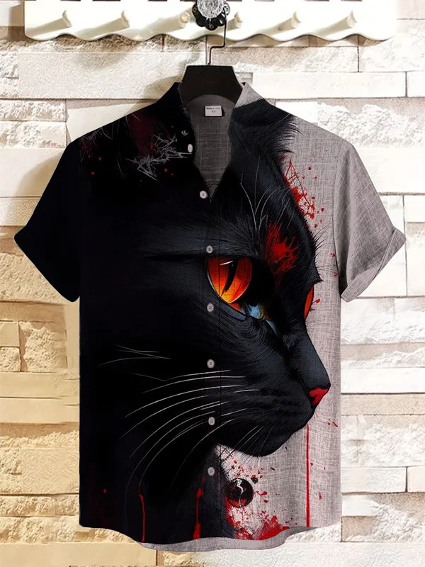 Men's Casual Mysterious Black Cat Art Print Short Sleeve Shirt
