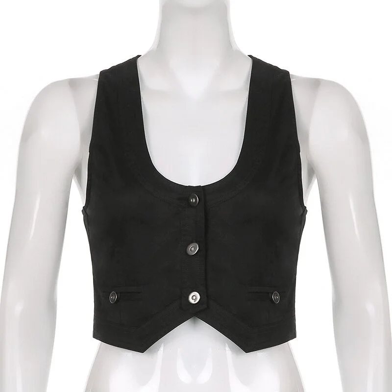 Sweetown 2021 Black Button Streetwear Vest Tops Women Cute Insta Outfits High Street O Neck Casual Tanks Cropped Girl Techwear