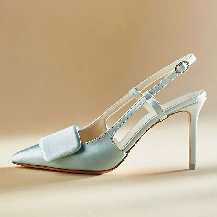 Satin Pointed Toe Slingback Pumps Stiletto Bridal Shoes in Light Blue |FSJ Shoes