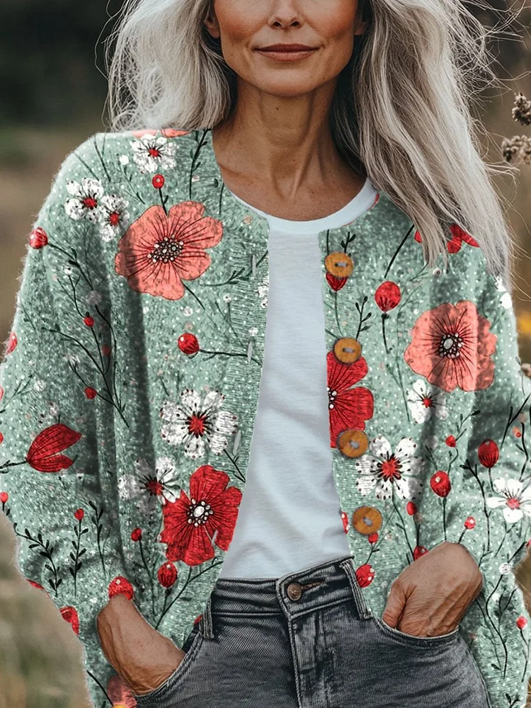 Women's Vintage Lovely Floral Art Print Buttoned Cardigan Sweater