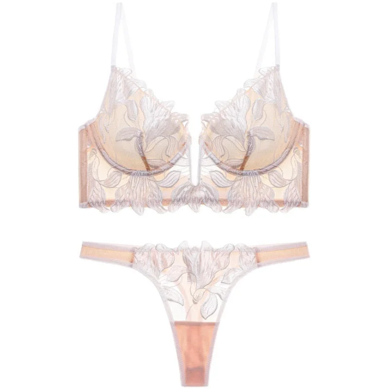 French Ultra-thin Lace Flowers Embroidery Bra and Panties Set Sexy Women Underwear Deep V Gather Push Up Brassiere Thong Sets
