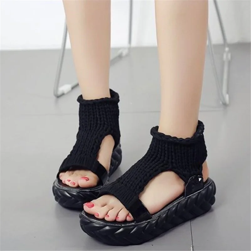 Budgetg Elastic Sandals New Summer Shoes Women Fashion Mesh Open Toe Flat Sandals Sweet Hollow Slip-On Female Platform Shoes
