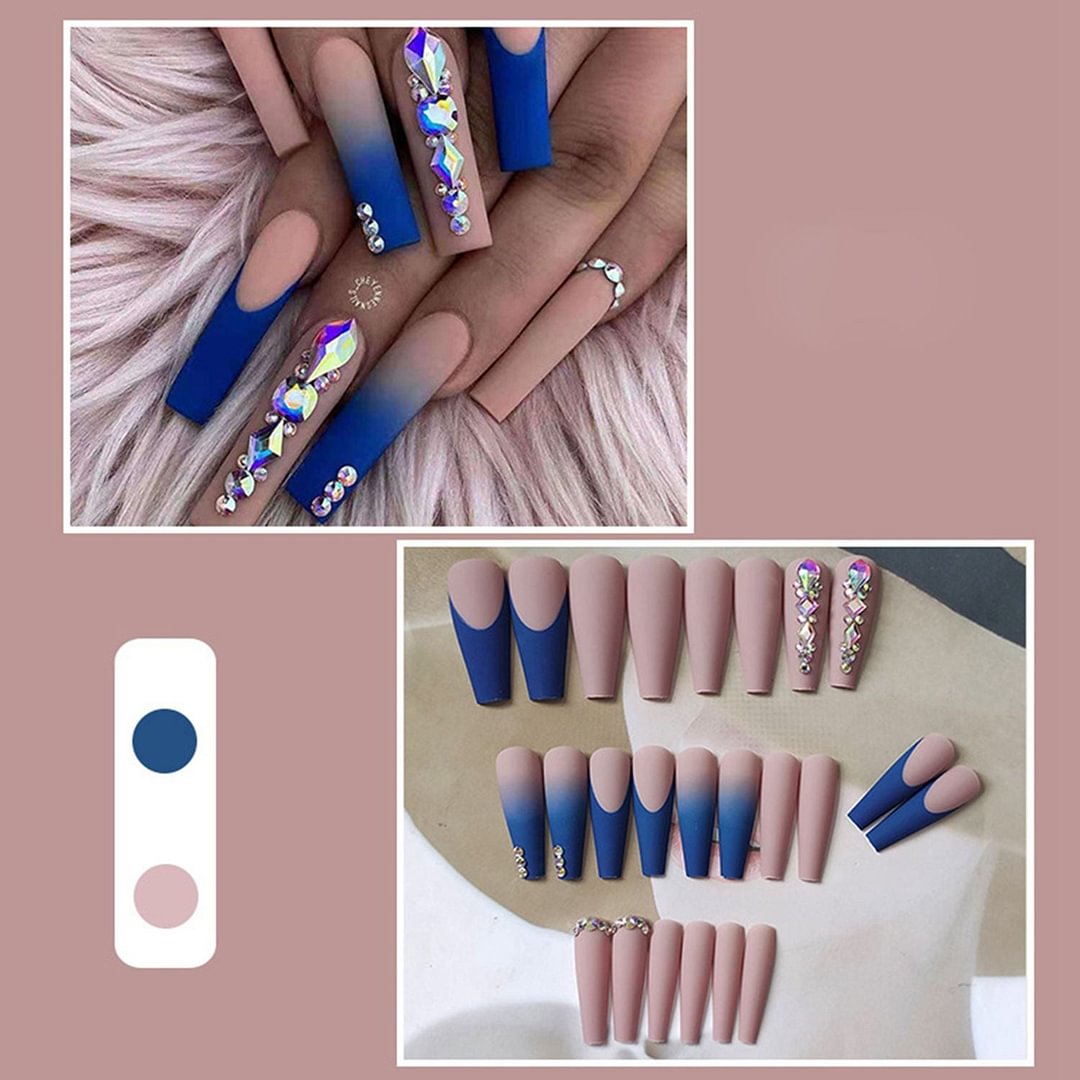 Extra Long Blue Colorful Rhinestone Decals Ballerina False Nails Wearable Coffin Fake Nails Full Cover Nail Tips Press On Nails