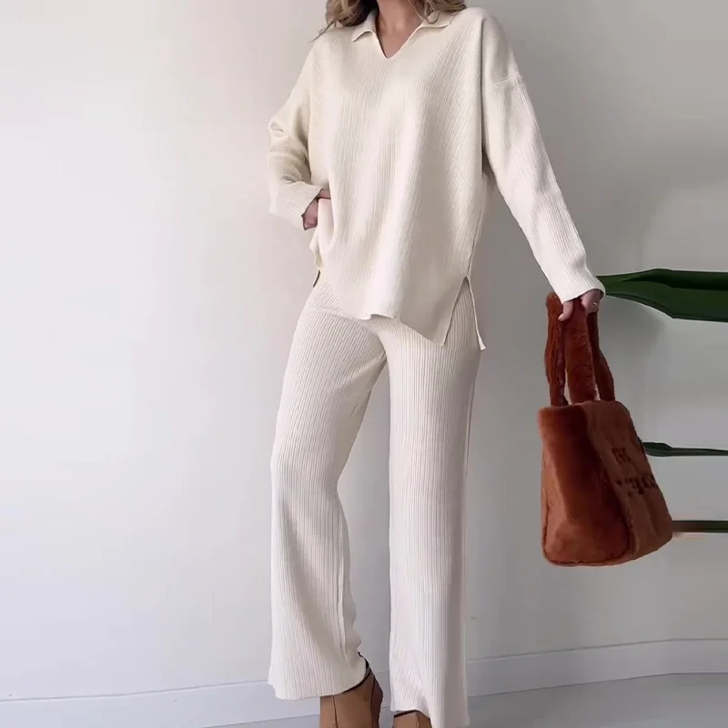 Ueong Ueong 2023 New Solid Color Fashion Lapel Loose Casual Sweater Two Sets Of Women