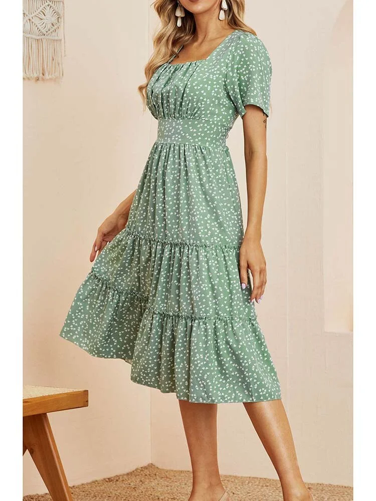 Summer Dress Women Short Sleeve High Waist Floral Print Midi Dress Casual Elegant Square Collar Holiday Beach clothes