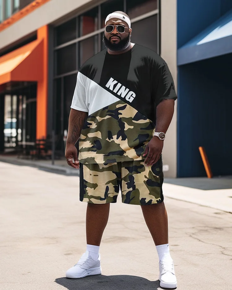 Men's Large Size Street Camouflage Color Block King Graffiti Short Sleeve Shorts Set
