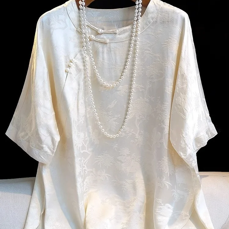 Ueong Trend New Chinese Rayon Jacquard Blouse T-Shirt Summer Five-Cent Sleeve Retro Disc Button Loose National Style Blouse